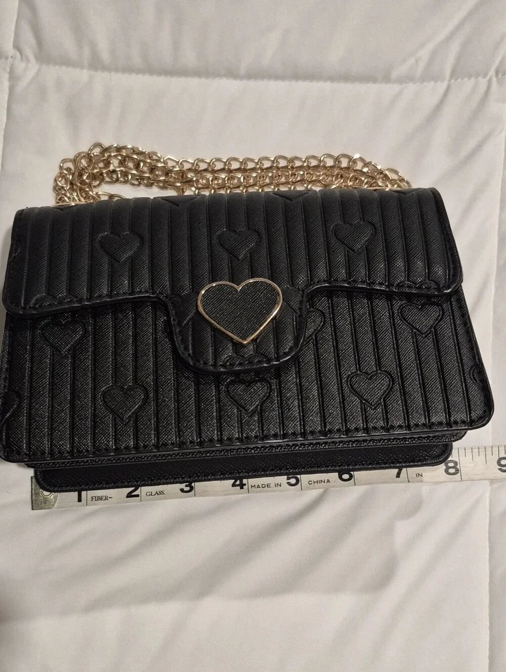 Quilted Heart Crossbody Bag with Gold Chain - Black